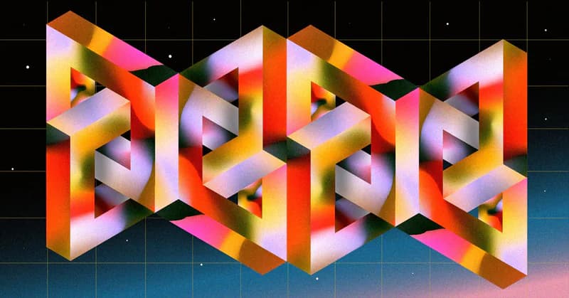 Interlocking geometric forms in warm colour on a dark grid