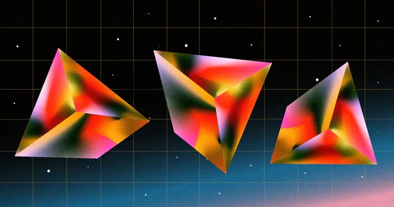 Three colourful geometric forms on a dark grid
